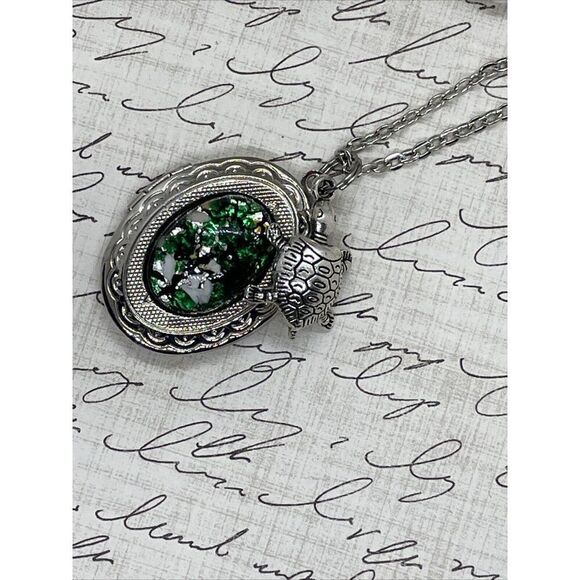 Green Turtle Opal Silver Nautical Beach Mermaid Photo Locket Necklace Valentines - Picture 7 of 16